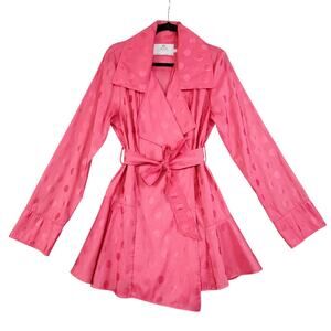 Janska Womens Jacket Size Large Pink Polka Dot Raincoat Trench Coat Artsy Tie